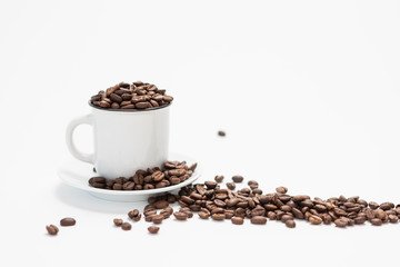 White Coffee Cup Filled with Coffee Beans on a white Background Concept