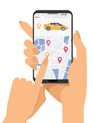 Two female hands holding smartphone and touching screen with city map and mobile gps navigation. Finding the car sharing for rent. Flat cartoon vector illustration with yellow modern vehicle