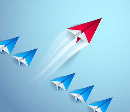 Be special, be first pioneer, be leader, leadership and success concept, line of origami paper toy planes one of them is standing out of line and taking off, 3d realistic vector illustration.