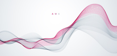 Dynamic particles sound wave flowing. Dotted curves vector abstract background. Beautiful 3d wave shaped array of blended points.