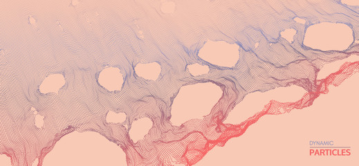 This spiderweb has been broken. Abstract grid background with hole. Array with dynamic particles. Texture. 3D grid surface.  Technology vector illustration.