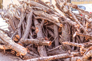 Wooden natural sawn logs closeup