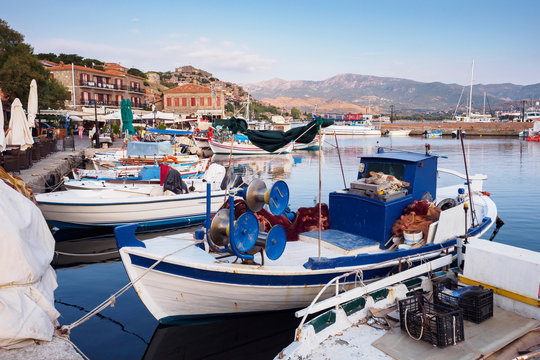 Fishing boats in Molyvos harbor, Lesbos, Greece