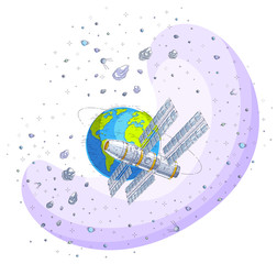 Space station flying orbital spaceflight around earth, spacecraft spaceship iss with solar panels, artificial satellite, under asteroid rain and stars. Thin line 3d vector illustration.