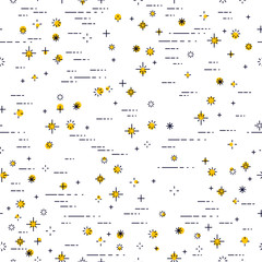 Space seamless background with stars, undiscovered galaxy cosmic fantastic and interesting textile fabric for children, endless tiling pattern, vector illustration.