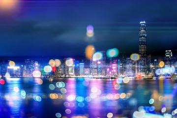 Double exposure with bokeh light in the Hong Kong city