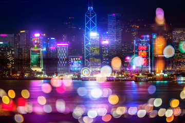 Double exposure with bokeh light in the Hong Kong city