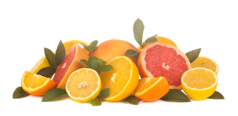 Citrus fruit. various citrus fruits with leaves of lemon, orange, grapefruit on a white isolated background