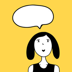 Obraz premium Cute girl saying speech bubble hand drawn illustration cartoon minimalism style