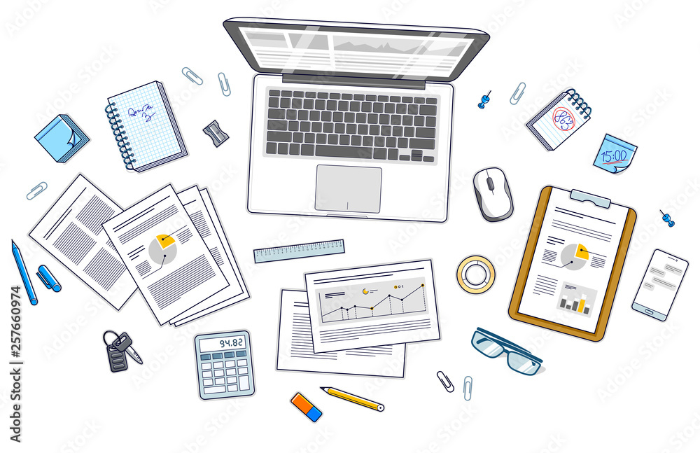 Fototapete Office desk workspace top view with laptop computer and analytics papers with graphs and data and stationery objects on table. All elements easy to use separately or recompose illustration. Vector.