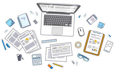 Office desk workspace top view with laptop computer and analytics papers with graphs and data and stationery objects on table. All elements easy to use separately or recompose illustration. Vector.