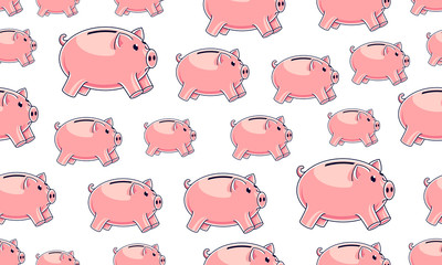Piggy banks seamless background, backdrop for financial business website or economical theme ads and information, piggybank savings, vector wallpaper or web site background.