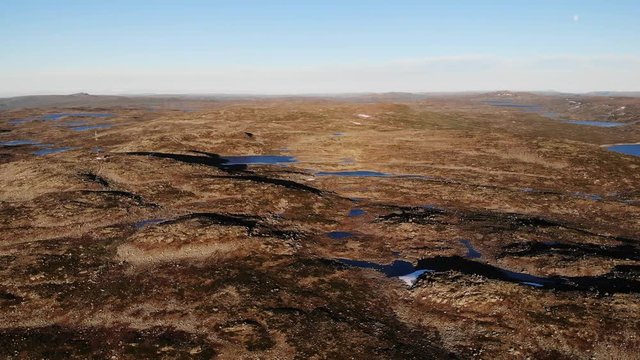 Aerial view. Hardangervidda mountain plateau, Norway landscape. National tourist Hardangervidda route