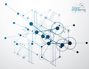 Engineering technology vector wallpaper made with hexagons, circles and lines. Technical drawing abstract background.