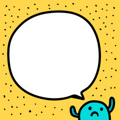 Sad blue creature and speech bubble hand drawn illustration in cartoon style