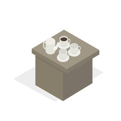 Table with porcelain tea set, break during business training on white background. Vector illustration of white teapot with two empty bowls, cup of coffee or tea standing on desk flat design.