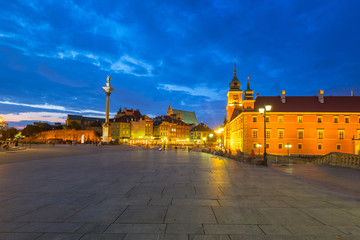 The Royal Castle  square and King Sigismunds Column in Warsaw city at night, Poland