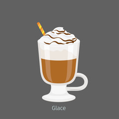 Irish glass mug with straw filled cold glace flat vector. Chilled invigorating drink with caffeine. Coffee with ice-ream poured chocolate syrup illustration for coffee house and cafe menus design