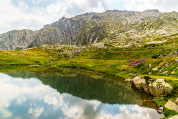 Vista di un lago di montagna con riflessi
