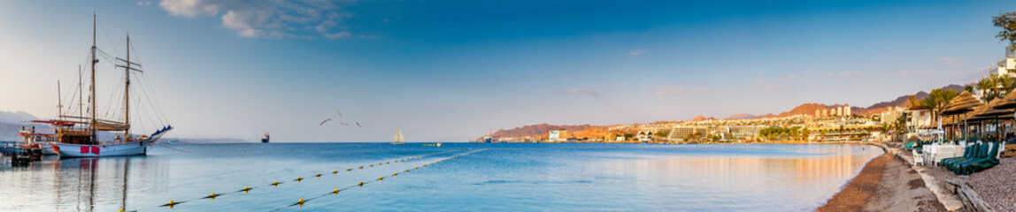 Panorama. Morning at the central public beach in Eilat - famous tourist resort and recreational...