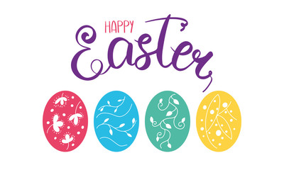 Happy Easter handwriting lettering. Calligraphy, easters eggs and decorative elements. Easter Sunday and Monday. Design for holiday greeting card, invitation, poster, banner or background. Vector 