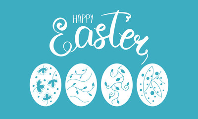 Happy Easter handwriting lettering. Calligraphy, easters eggs and decorative elements. Easter Sunday and Monday. Design for holiday greeting card, invitation, poster, banner or background. Vector 