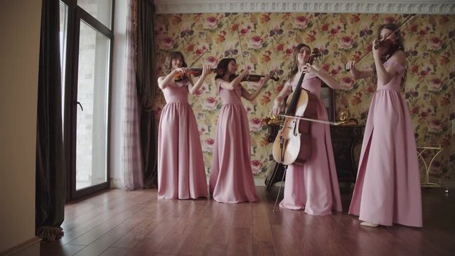 Beautiful female quartet charismatically playing on stringed instruments in room