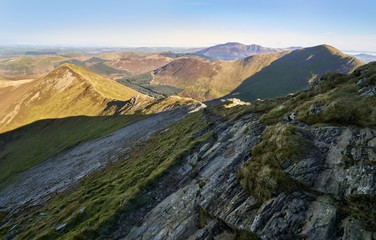 Looking down towards Ladyside Pike from below Hopegill Head on a sunny day in the English Lake District, UK.