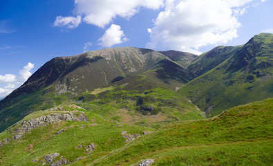 Summits of Grasmoor and Whiteless Pike on a sunny day in the English Lake District, UK.