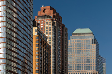 Close-up view of modern skyscrapers in Financial District Lower Manhattan New York City