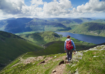 A female hiker and their dog descending from Grasmoor down Lad Hows above Buttermere on a sunny day...