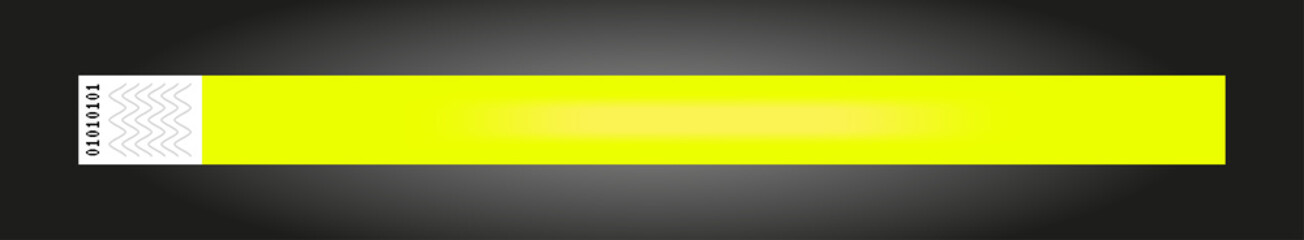 Vector luminous neon yellow cheap empty bracelet or wristband. Sticky hand entrance event paper bracelet isolated on black. Template or mock up suitable for various uses of identification.