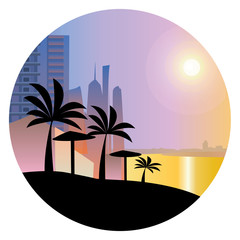 Black silhouette of palm trees in a circle on a city background, flat vector. Tropical beach, skyscrapers, sunset, vector illustration. Icon for design. - 257667993