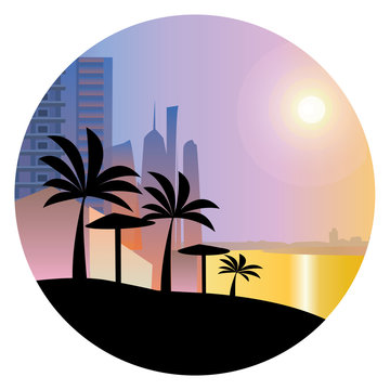 Black silhouette of palm trees in a circle on a city background, flat vector. Tropical beach, skyscrapers, sunset, vector illustration. Icon for design.