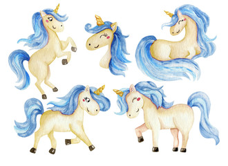 Beautiful rainbow watercolor unicorns set. Nursery unicorns illustration.