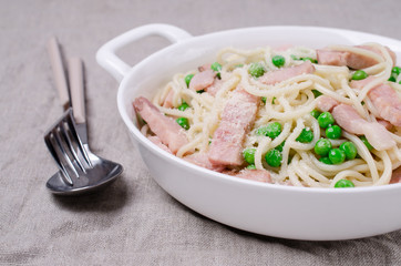 Spaghetti with fried bacon