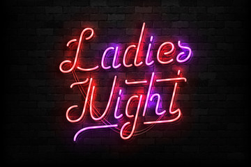Vector realistic isolated neon sign of Ladies Night typography logo for template decoration and invitation covering on the wall background. Concept of night club and party.