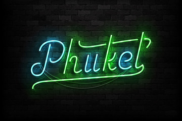 Vector realistic isolated neon sign of Phuket typography logo for template decoration on the wall background. Concept of Thailand vacation and tourism.