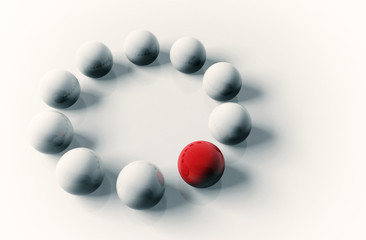 Business concept of white balls with red leader.