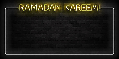 Vector realistic isolated neon sign of Ramadan Kareem frame logo for template decoration on the wall background.