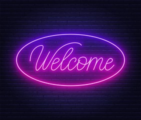 Neon sign welcome on brick wall background. Vector illustration
