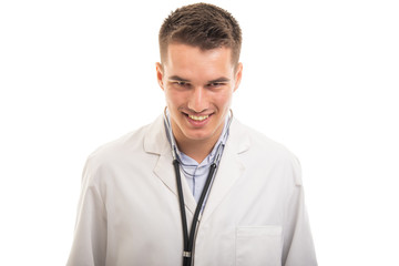 Portrait of young handsome doctor smiling camera looking