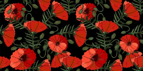 Wall murals Poppies Poppy flowers floral seamless background isolated on the black
