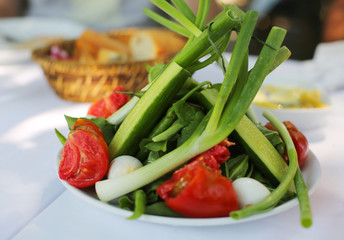 Fresh green salad with onion, cucumbers an tomatoes served on a table in a cafe or restaurant for body detox. Organic agriculture area. Vegetarian / vegan diet. Healthy ingredients full of vitamins.