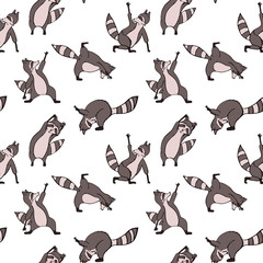 Design seamless pattern with hand drawn raccoon in yoga asana.
