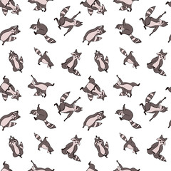 Design seamless pattern with hand drawn raccoon in yoga asana.