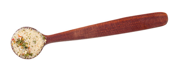top view of wooden spoon with seasoned salt