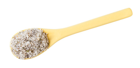 top view of ceramic spoon with seasoned salt