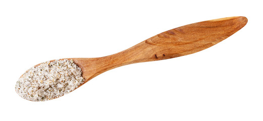 top view of wooden salt spoon with seasoned salt