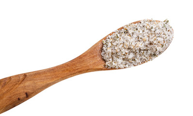 top view wooden spoon with seasoned salt close up